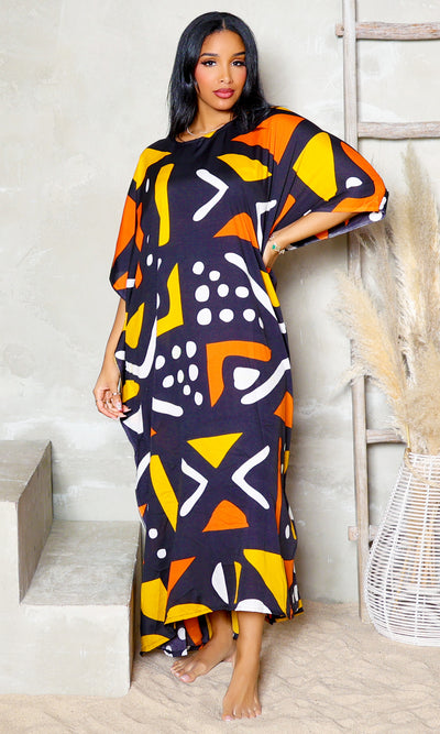 Tribal Print Oversized Kaftan Dress-Black Print [Vendor, quantity, price] - Cutely Covered