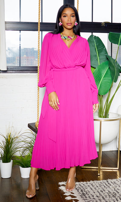 First Lady | Long Sleeve Pleated Dress - Pink - Cutely Covered