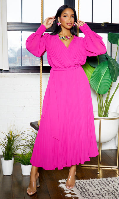 First Lady | Long Sleeve Pleated Dress - Pink - Cutely Covered