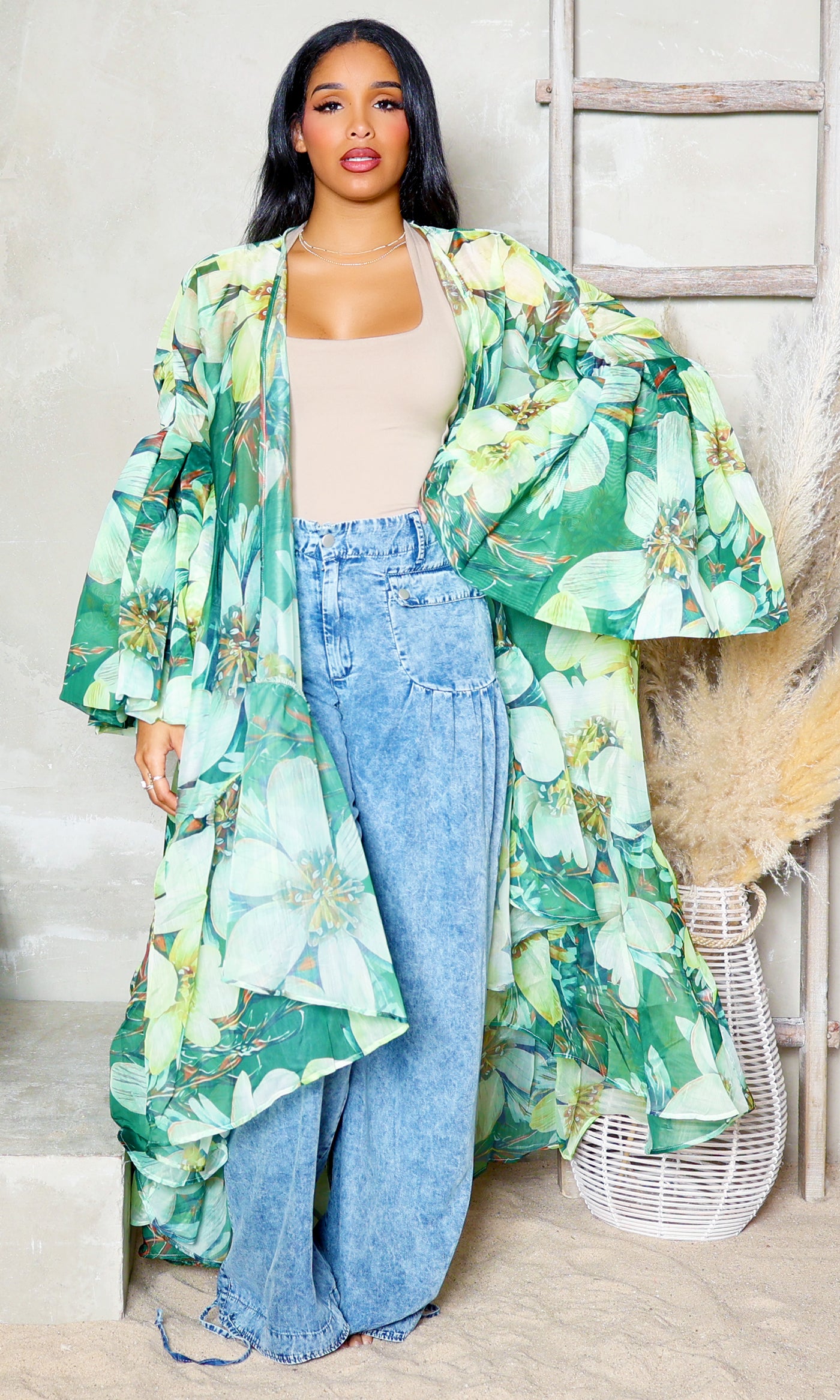 Chiffon Bloom | Balloon Sleeve Kimono - Green Floral - Cutely Covered