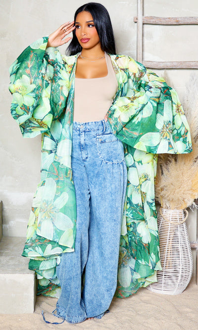 Chiffon Bloom | Balloon Sleeve Kimono - Green Floral - Cutely Covered