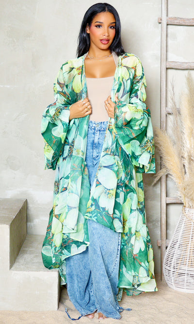 Chiffon Bloom | Balloon Sleeve Kimono - Green Floral - Cutely Covered