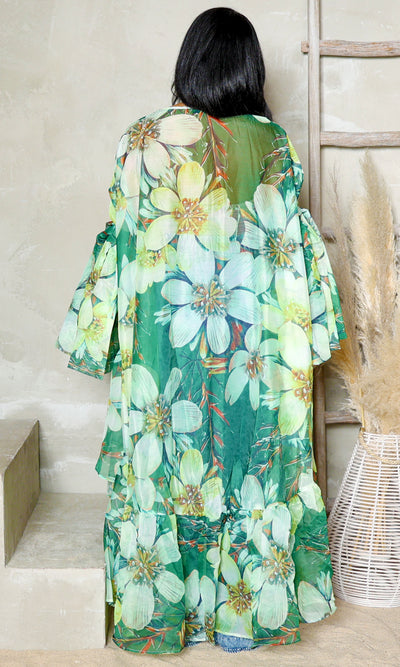 Chiffon Bloom | Balloon Sleeve Kimono - Green Floral - Cutely Covered