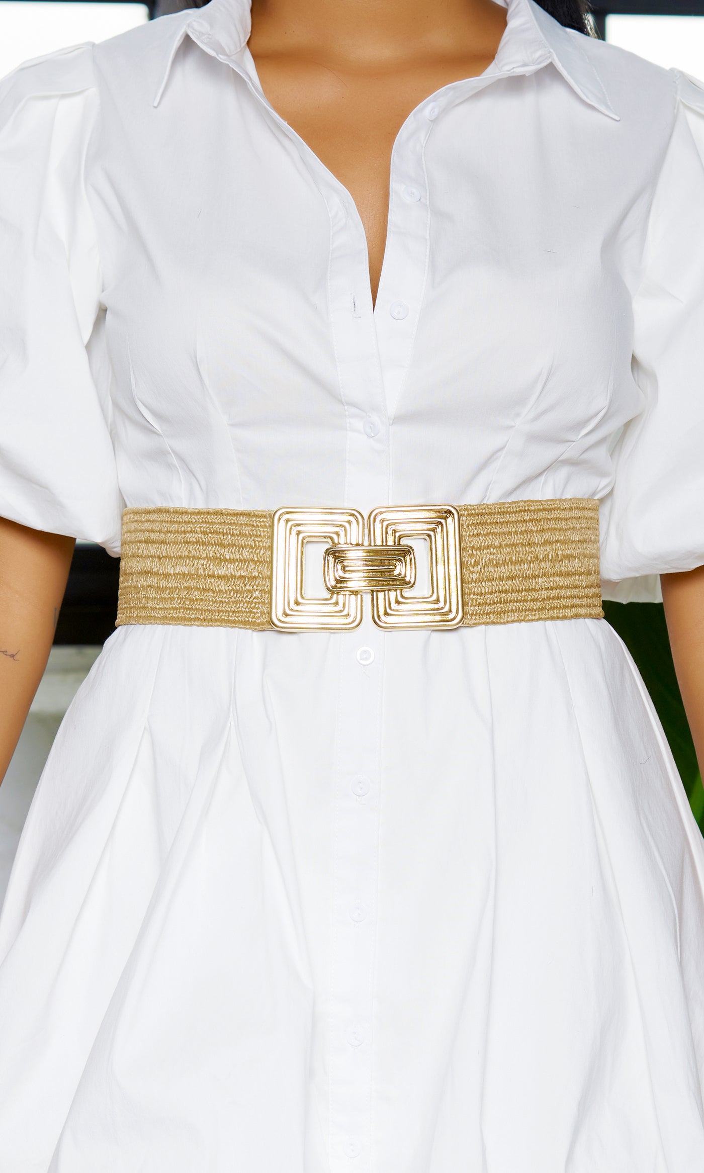 Elastic - Buckle Waistband Belt - Tan - Cutely Covered