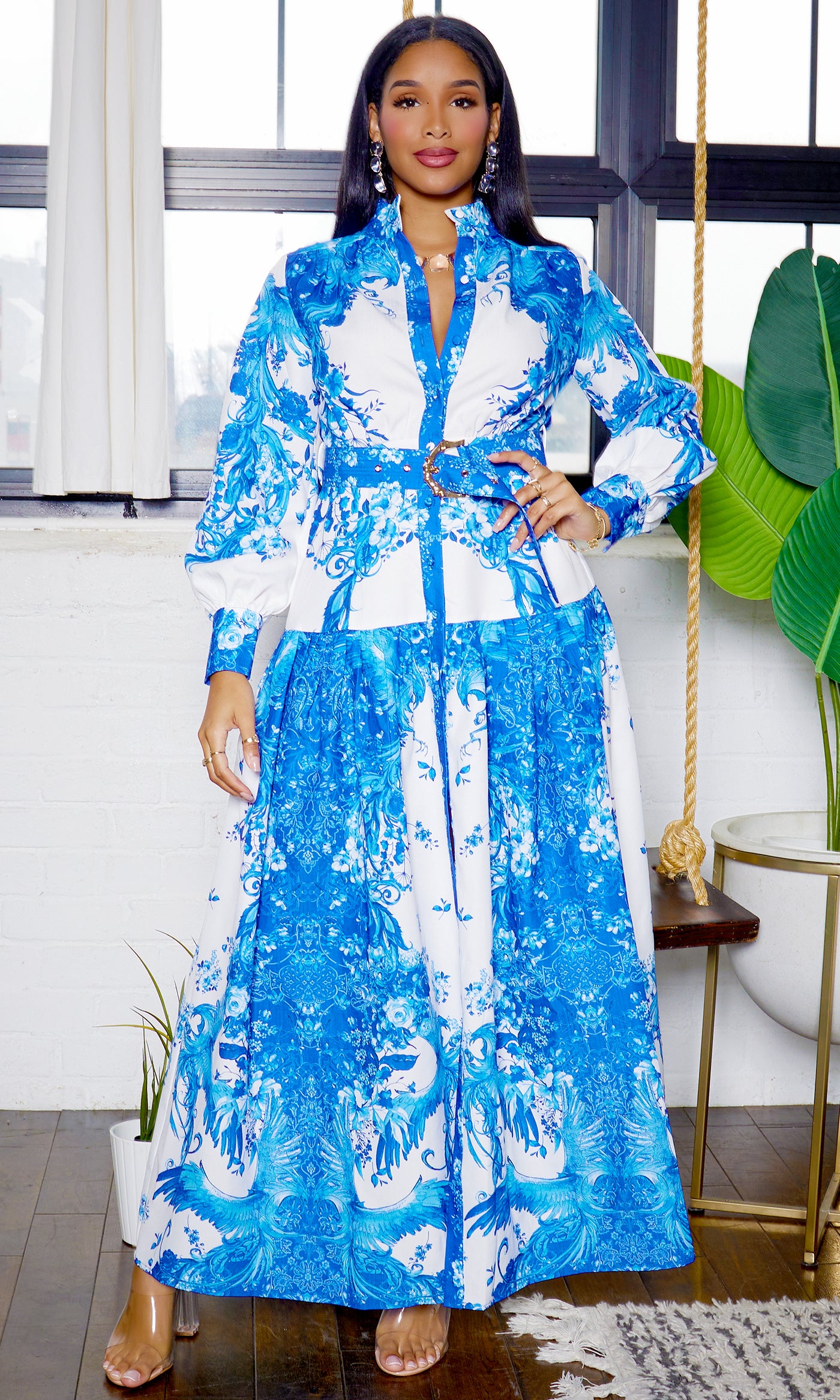 Queen of the Garden | Long Sleeve Maxi Dress -  Blue - Cutely Covered