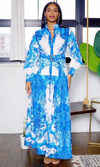 Queen of the Garden | Long Sleeve Maxi Dress -  Blue - Cutely Covered