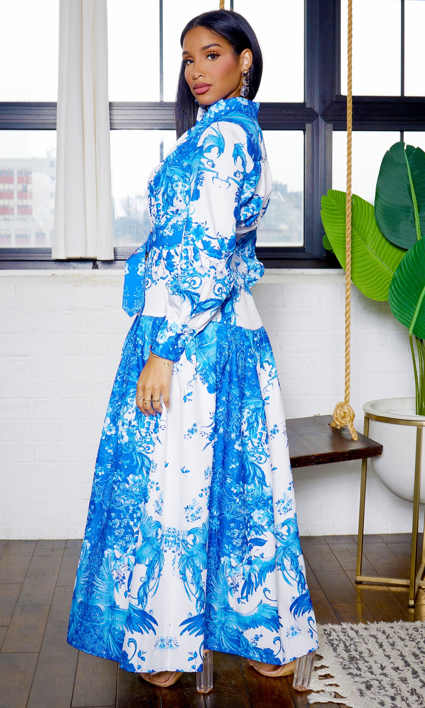 Queen of the Garden | Long Sleeve Maxi Dress -  Blue - Cutely Covered