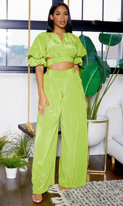 Puff Sleeve Top Wide Leg Pants Set - Lime - Cutely Covered