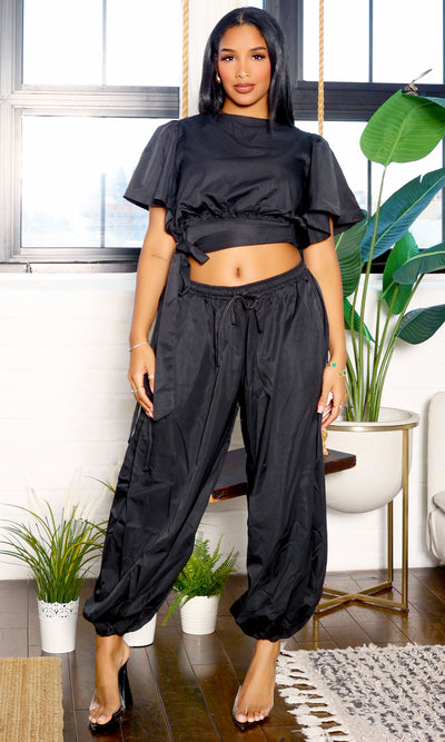Sophia | Short Sleeve Crop Top and Wide Pants Set - Black - Cutely Covered