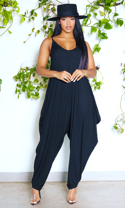 Long V Neck Harem Jumpsuit - Black - Cutely Covered