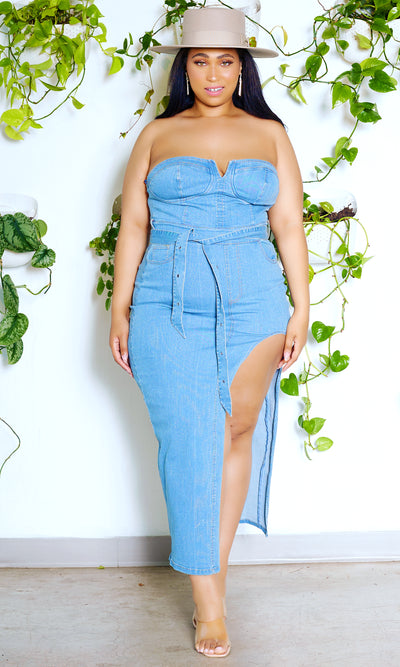 Denim Silhouette 2  | Denim High Split Dress PREORDER Ships Mid July - Cutely Covered