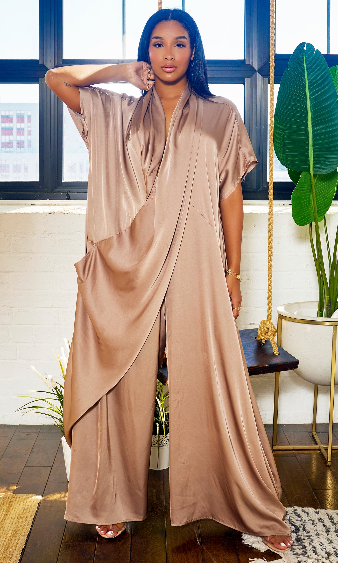 Luxe Drape Loose Fit Jumpsuit - Bronze PREORDER Ships End October - Cutely Covered