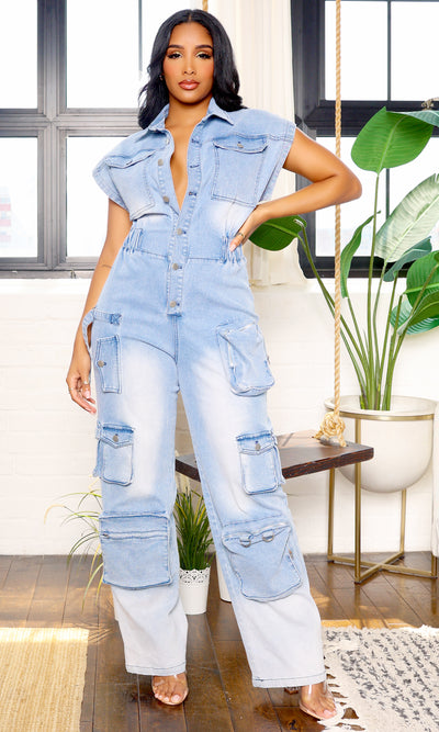 Short Sleeve Cargo Denim Jumpsuit - Light Blue  PREORDER Ships Early July - Cutely Covered