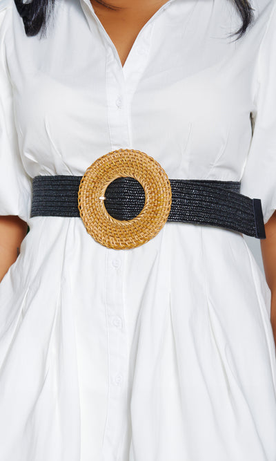 Bohemian Straw Circle Buckle Belt - Black - Cutely Covered