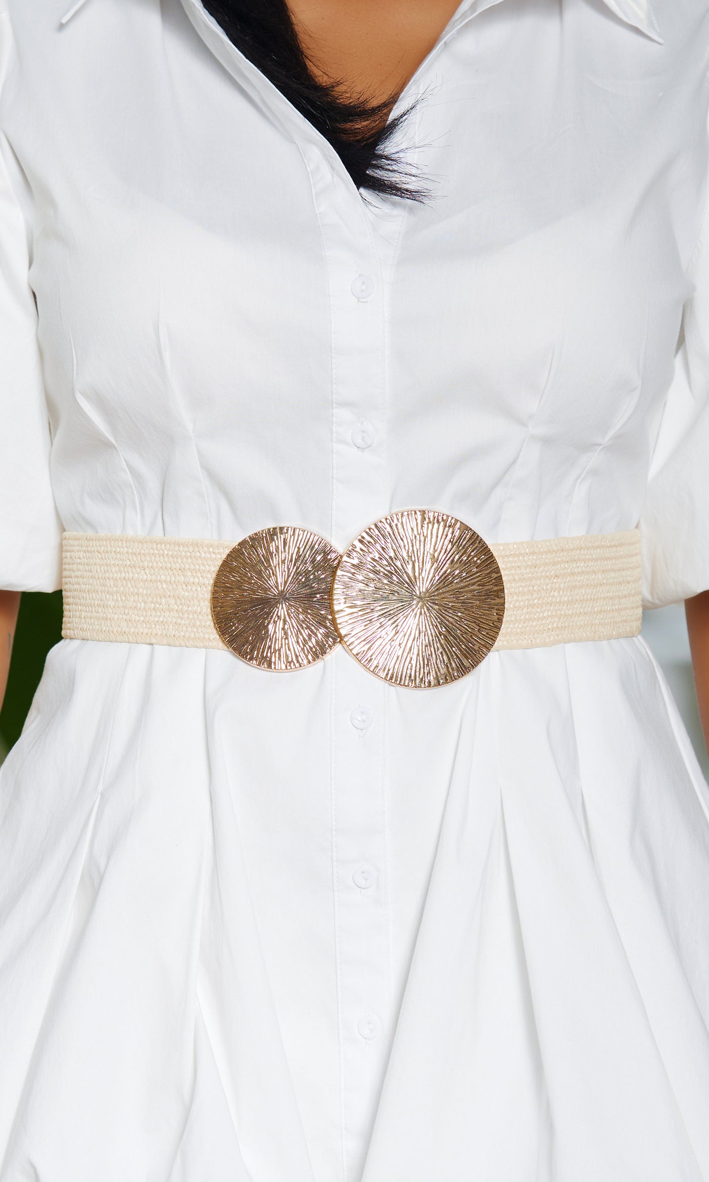 2 Round Buckle Elastic Waistband Belt -Cream - Cutely Covered