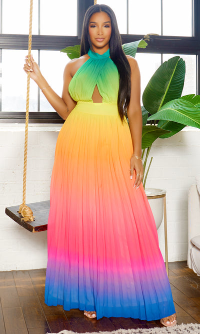 Feeling It | Ombre Halter Dress - Green Orange - Cutely Covered