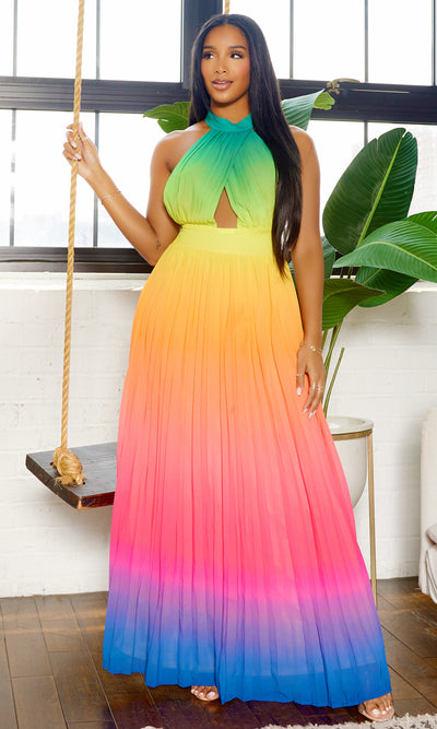 Feeling It | Ombre Halter Dress - Green Orange - Cutely Covered