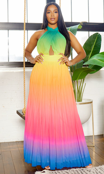 Feeling It | Ombre Halter Dress - Green Orange - Cutely Covered