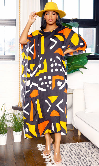 Tribal Print Oversized Kaftan Dress-Black Print - Cutely Covered