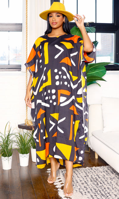 Tribal Print Oversized Kaftan Dress-Black Print - Cutely Covered