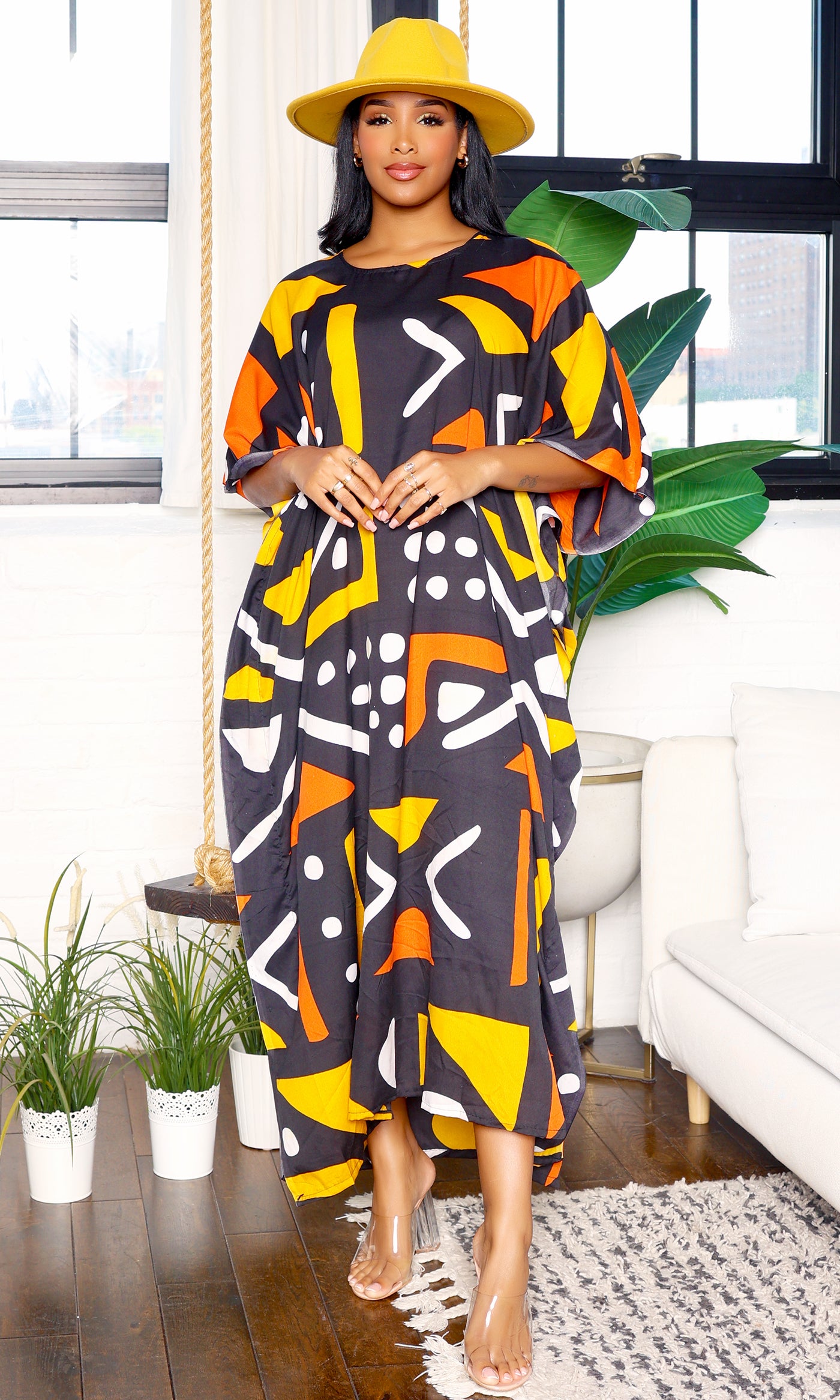 Tribal Print Oversized Kaftan Dress-Black Print - Cutely Covered