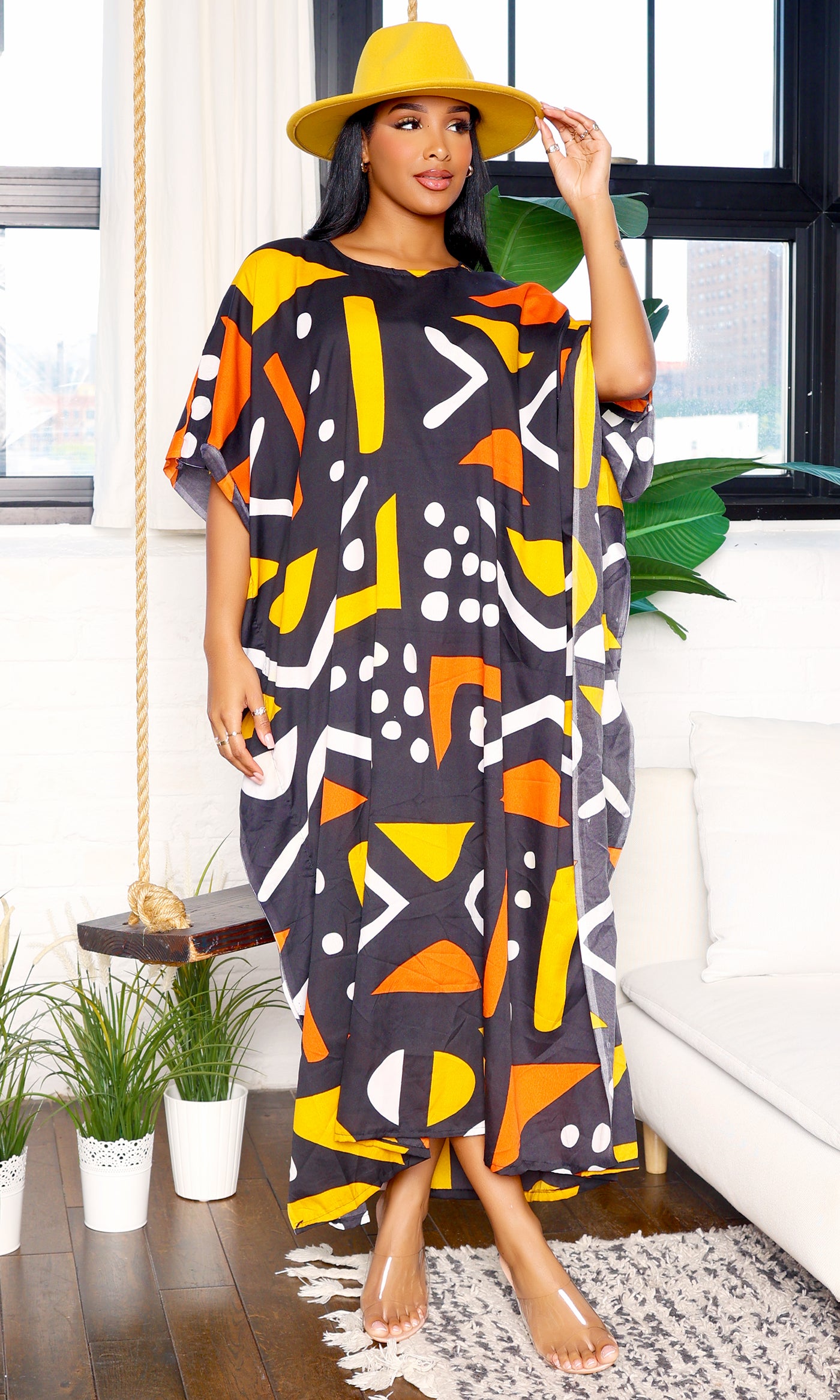 Tribal Print Oversized Kaftan Dress-Black Print - Cutely Covered