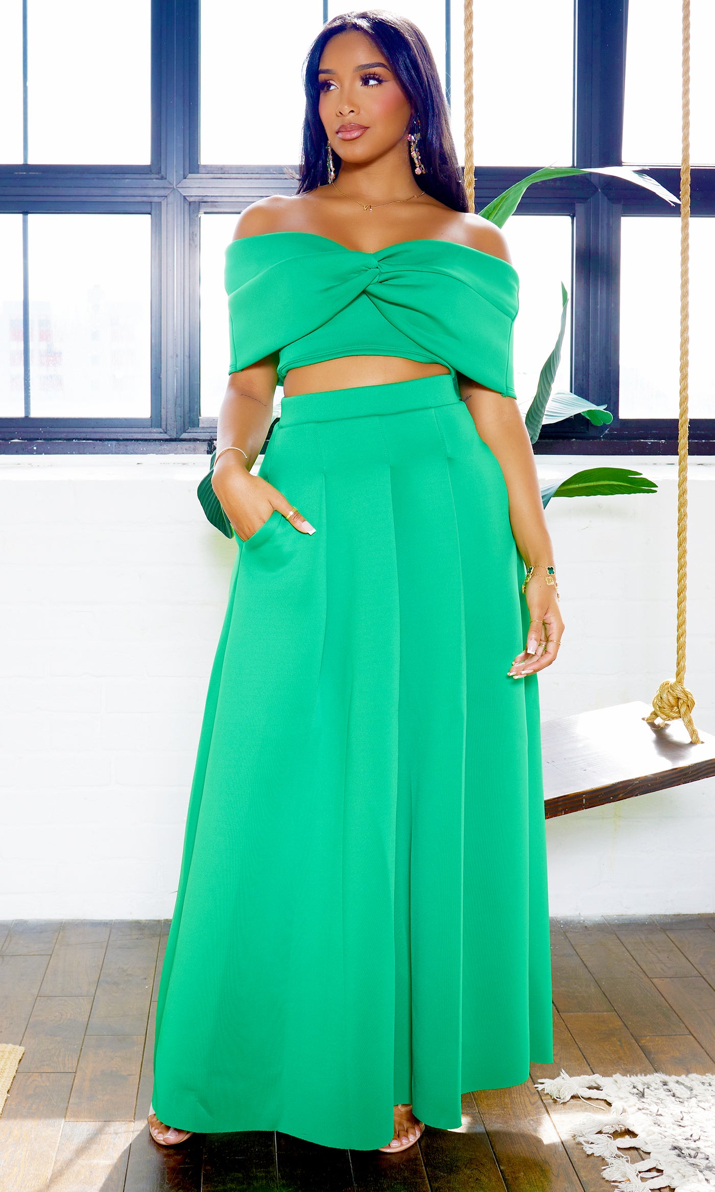 Veronica | Off The Shoulder Crop Skirt Set - Green - Cutely Covered