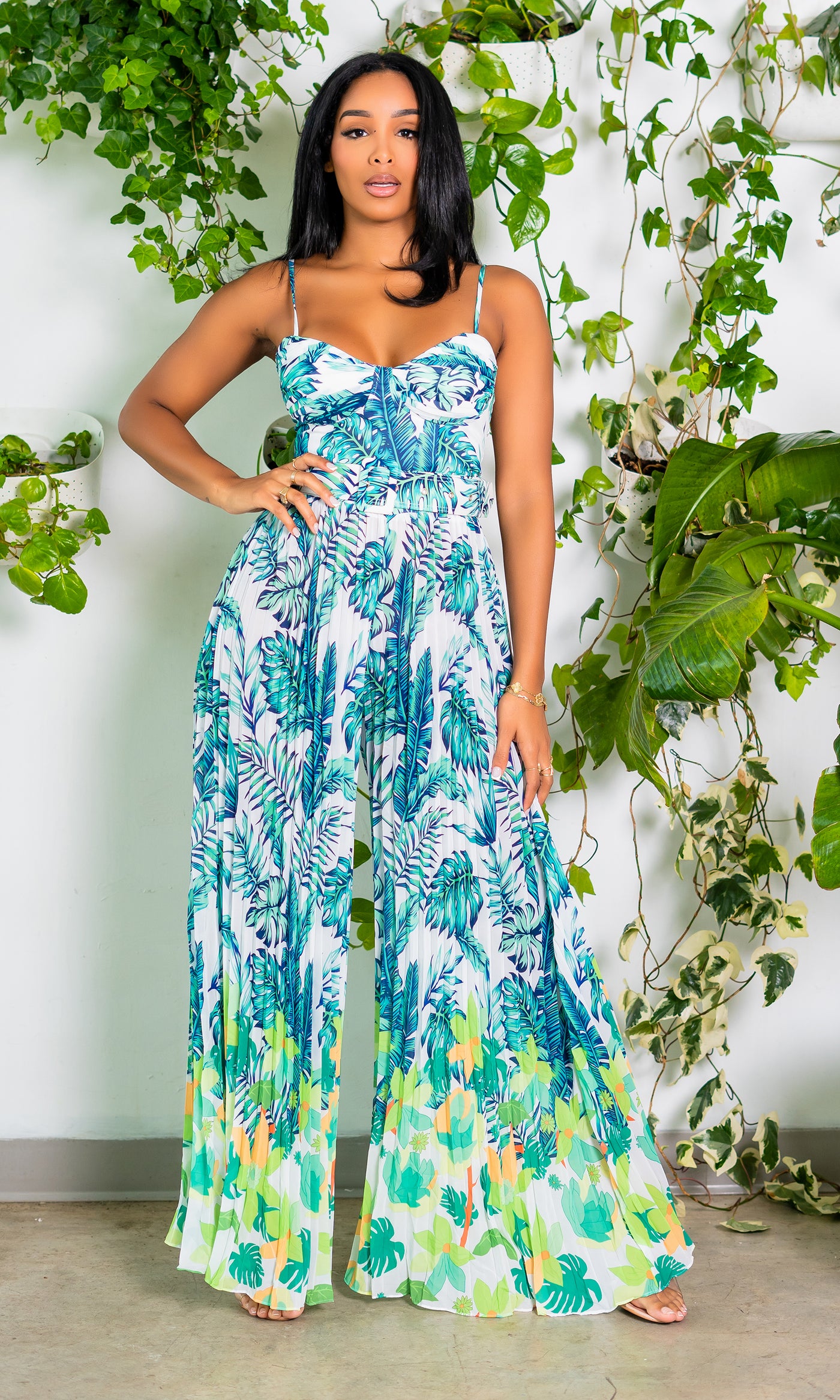 Tropical Palm Print Belted Jumpsuit - Cutely Covered