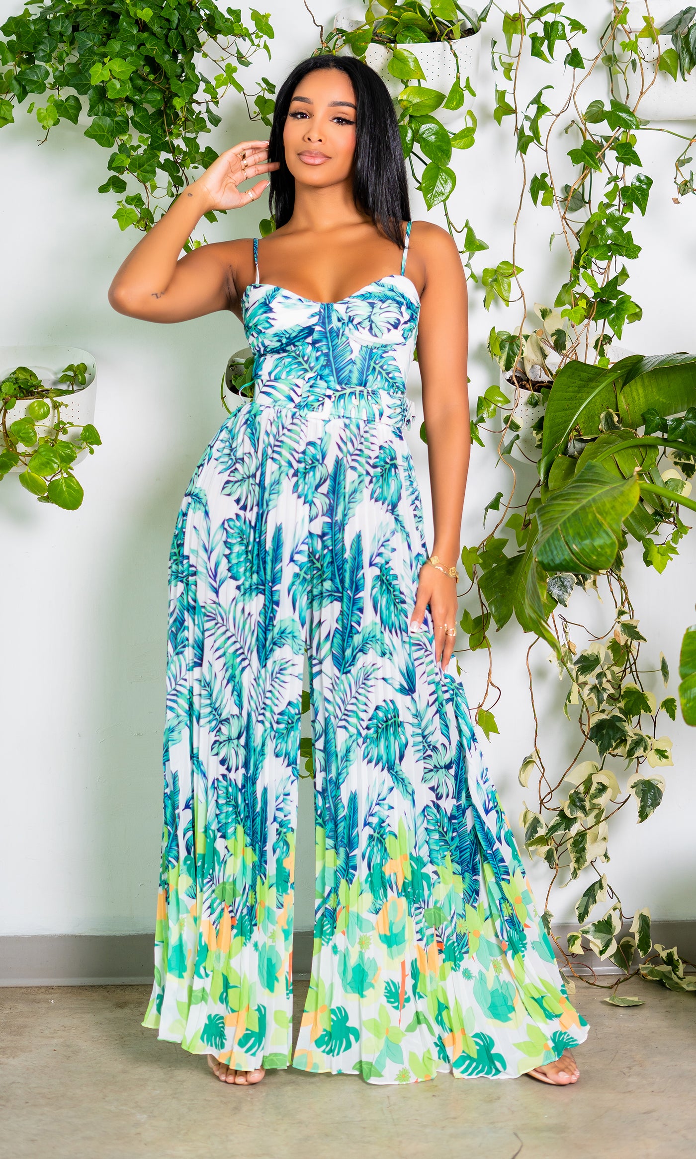 Tropical Palm Print Belted Jumpsuit - Cutely Covered