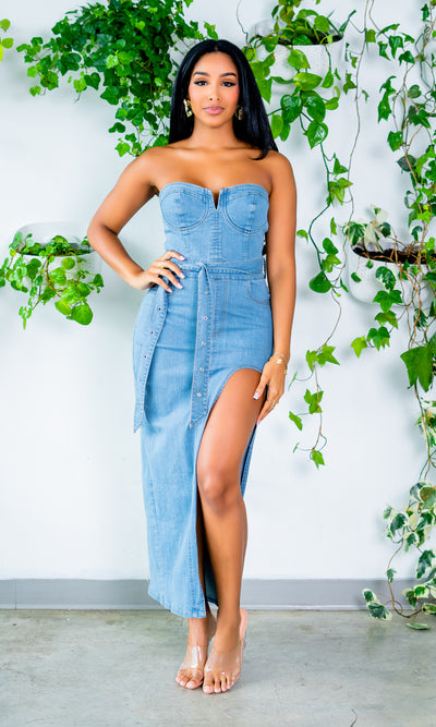 Denim Silhouette 2  | Denim High Split Dress PREORDER Ships Mid July - Cutely Covered