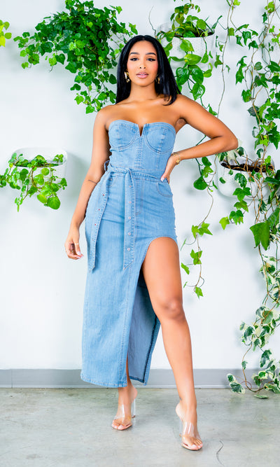 Denim Silhouette 2  | Denim High Split Dress PREORDER Ships Mid July - Cutely Covered