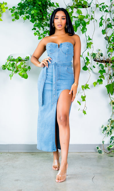 Denim Silhouette 2  | Denim High Split Dress PREORDER Ships Mid July - Cutely Covered