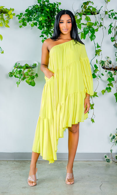 Asymmetrical One Sleeve Lime Dress PREORDER Ships Early May - Cutely Covered