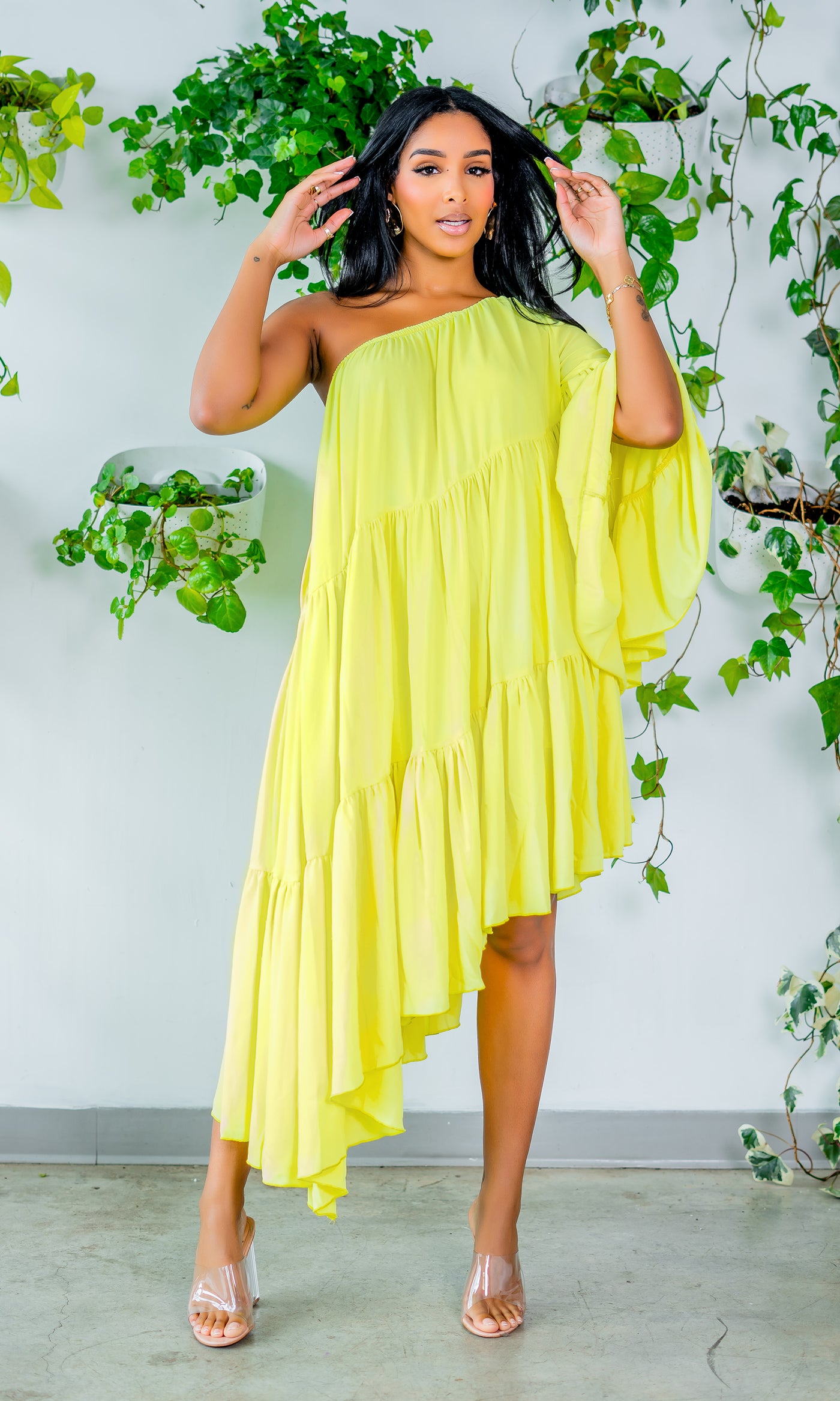 Asymmetrical One Sleeve Lime Dress PREORDER Ships Early May - Cutely Covered