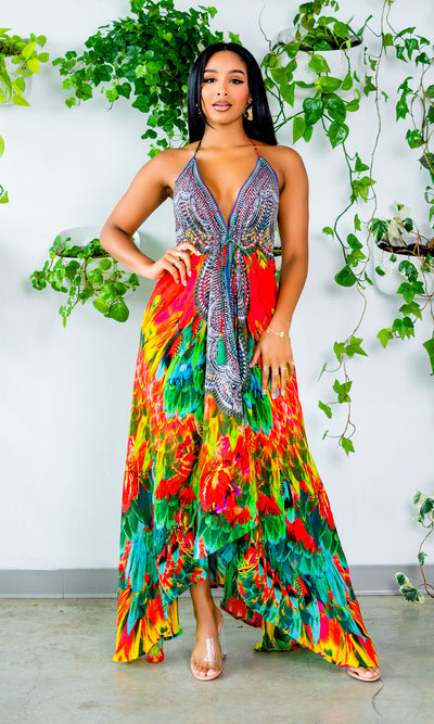 Macaw Viscose Silk Halter Dress - Cutely Covered