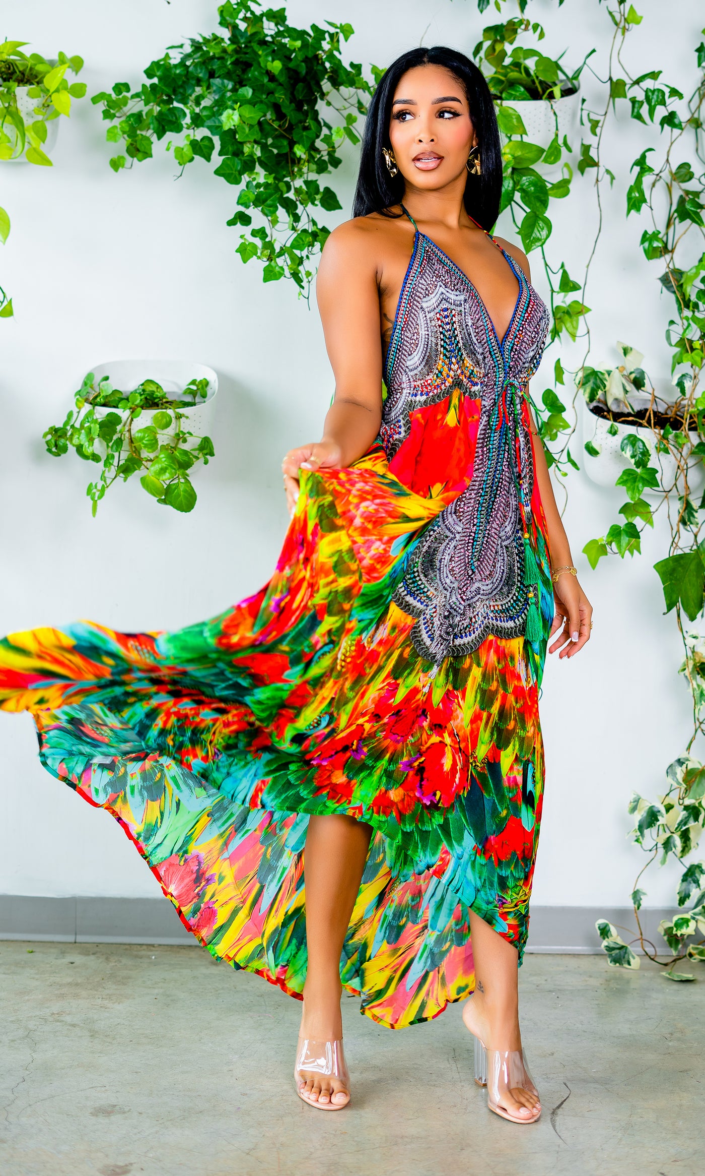 Macaw Viscose Silk Halter Dress - Cutely Covered