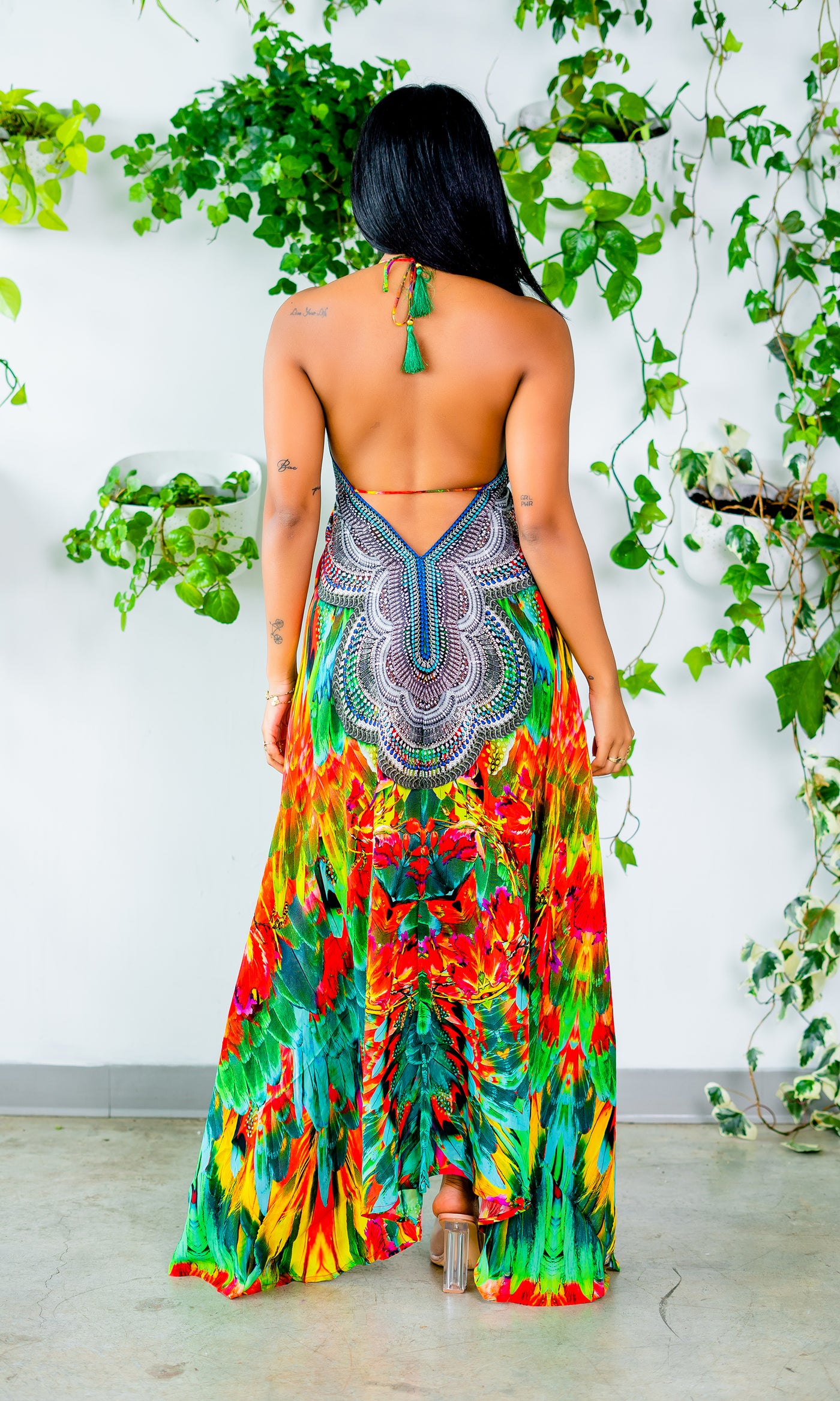 Macaw Viscose Silk Halter Dress - Cutely Covered