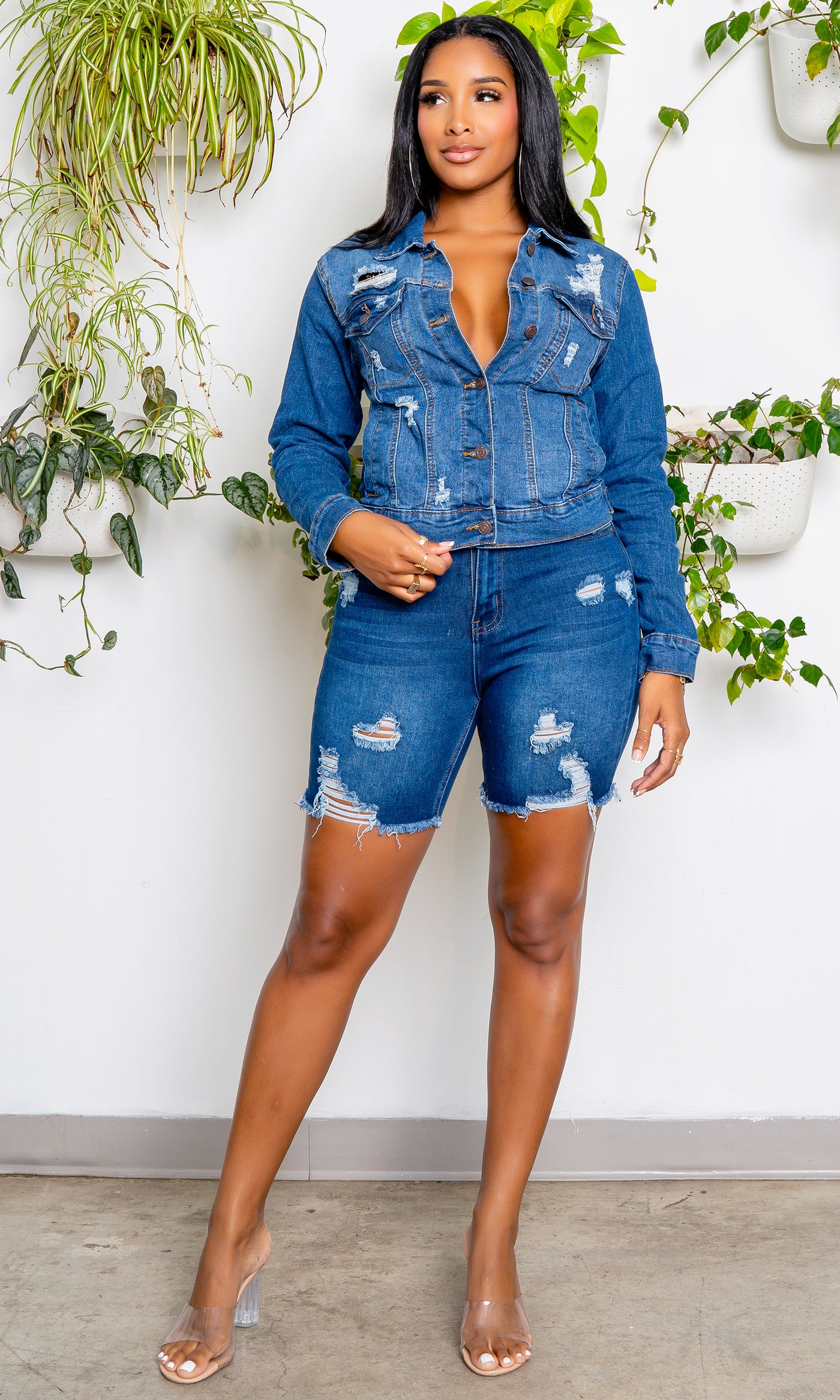 Fashionista 2 | Distressed Denim Jacket - Medium Blue - Cutely Covered