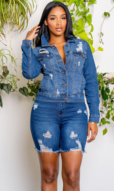 Fashionista 2 | Distressed Denim Jacket - Medium Blue - Cutely Covered