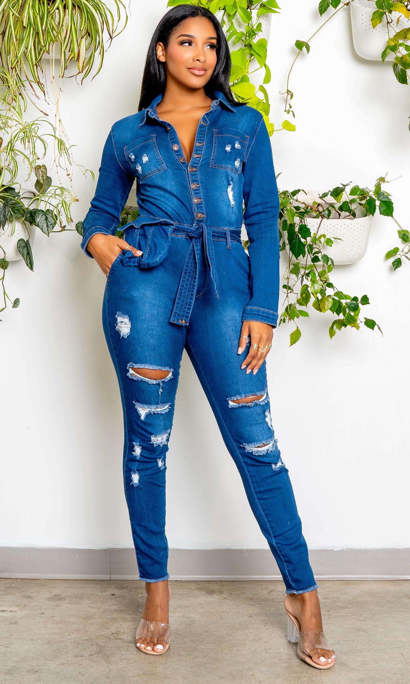 Long Sleeve  Denim Jumpsuit - Medium Wash - Cutely Covered