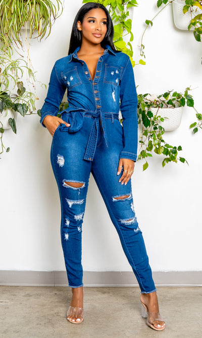 Long Sleeve  Denim Jumpsuit - Medium Wash - Cutely Covered