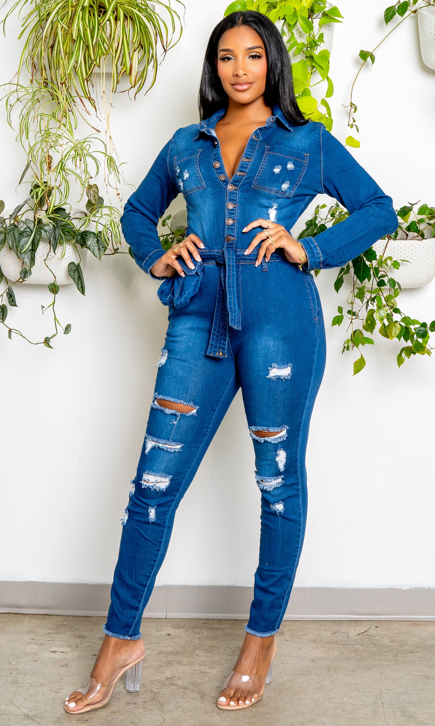 Long Sleeve  Denim Jumpsuit - Medium Wash - Cutely Covered