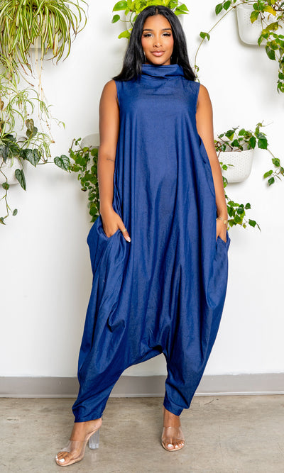 Turtle Neck Harem Jumpsuit - Blue Denim PREORDER Ships Early September - Cutely Covered