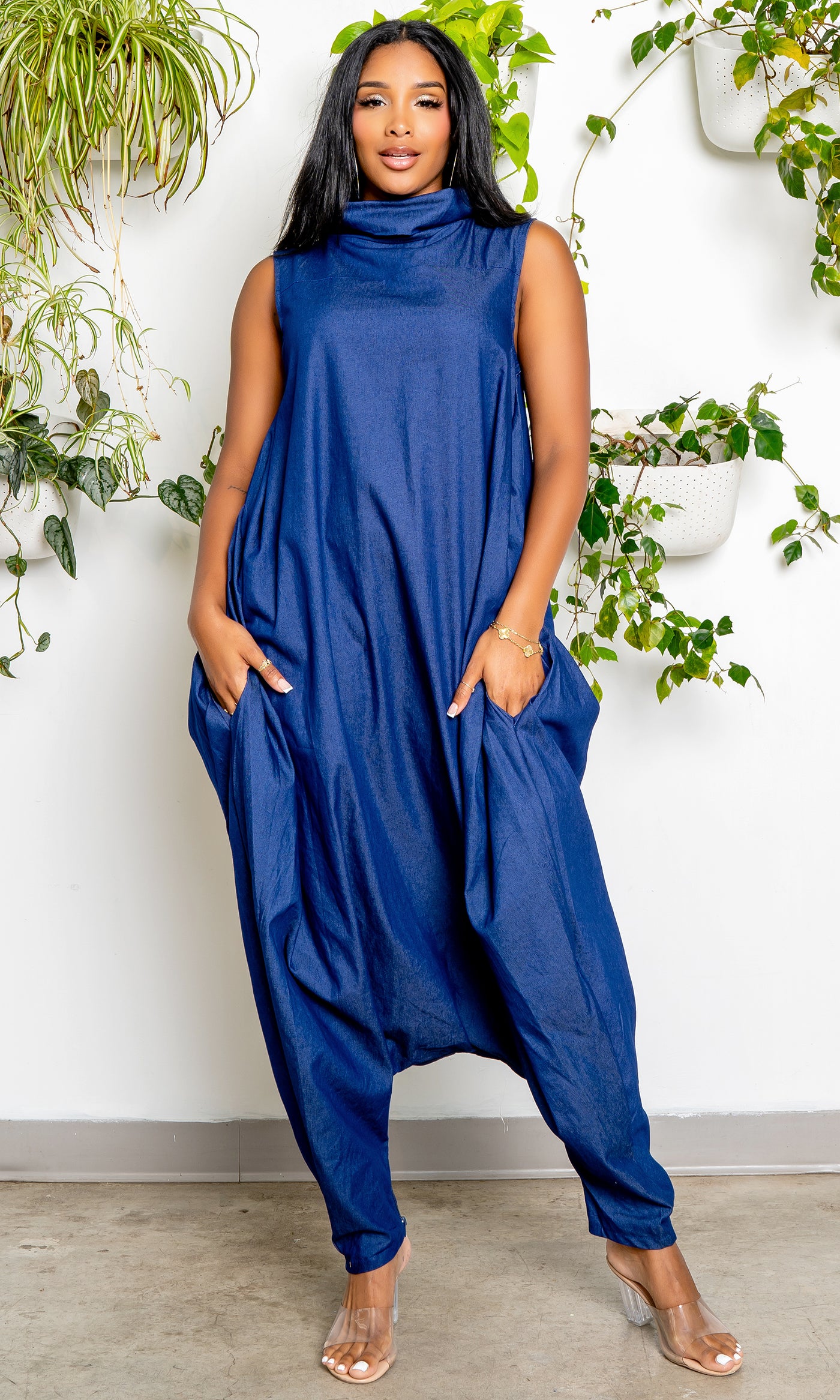 Turtle Neck Harem Jumpsuit - Blue Denim PREORDER Ships Early September - Cutely Covered