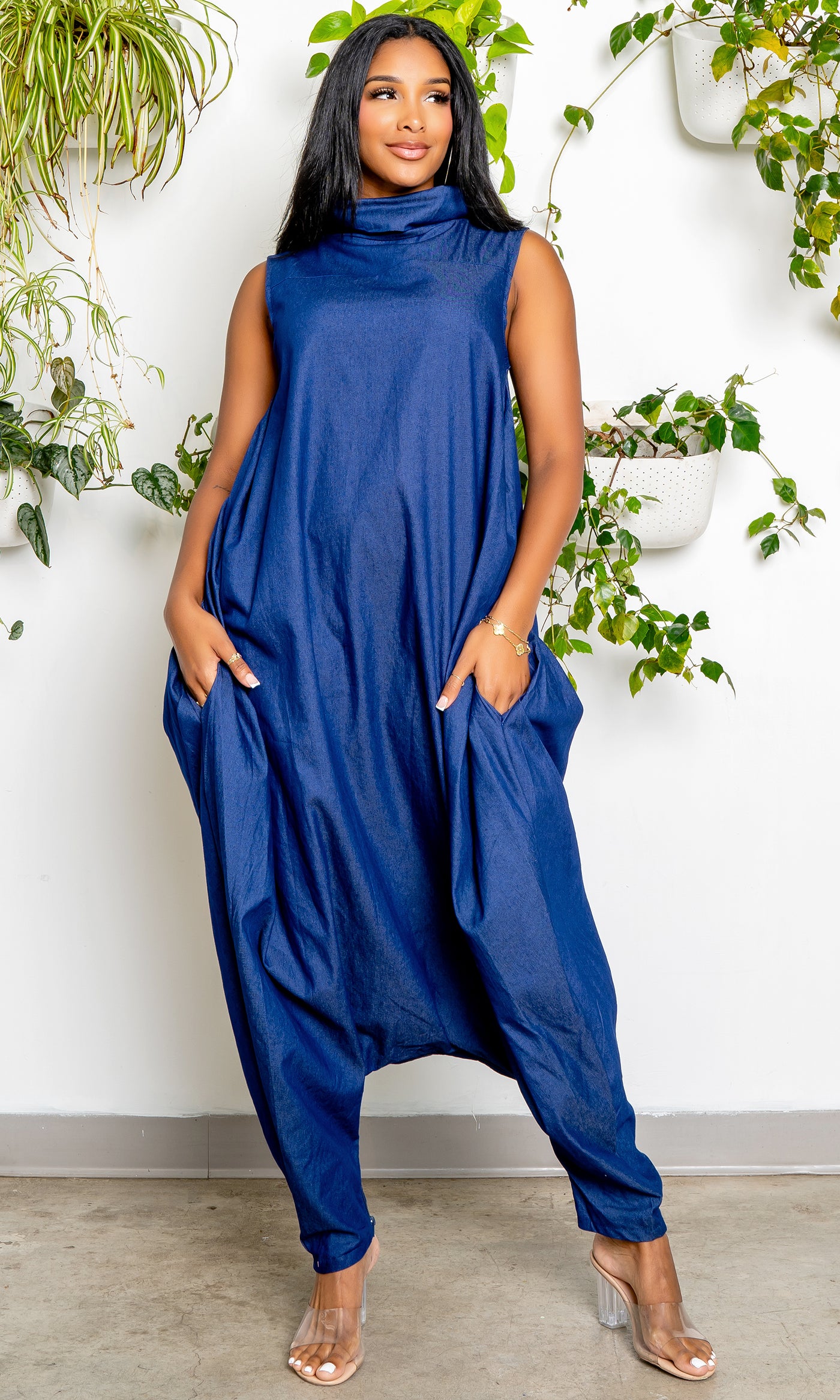 Turtle Neck Harem Jumpsuit - Blue Denim PREORDER Ships Early September - Cutely Covered