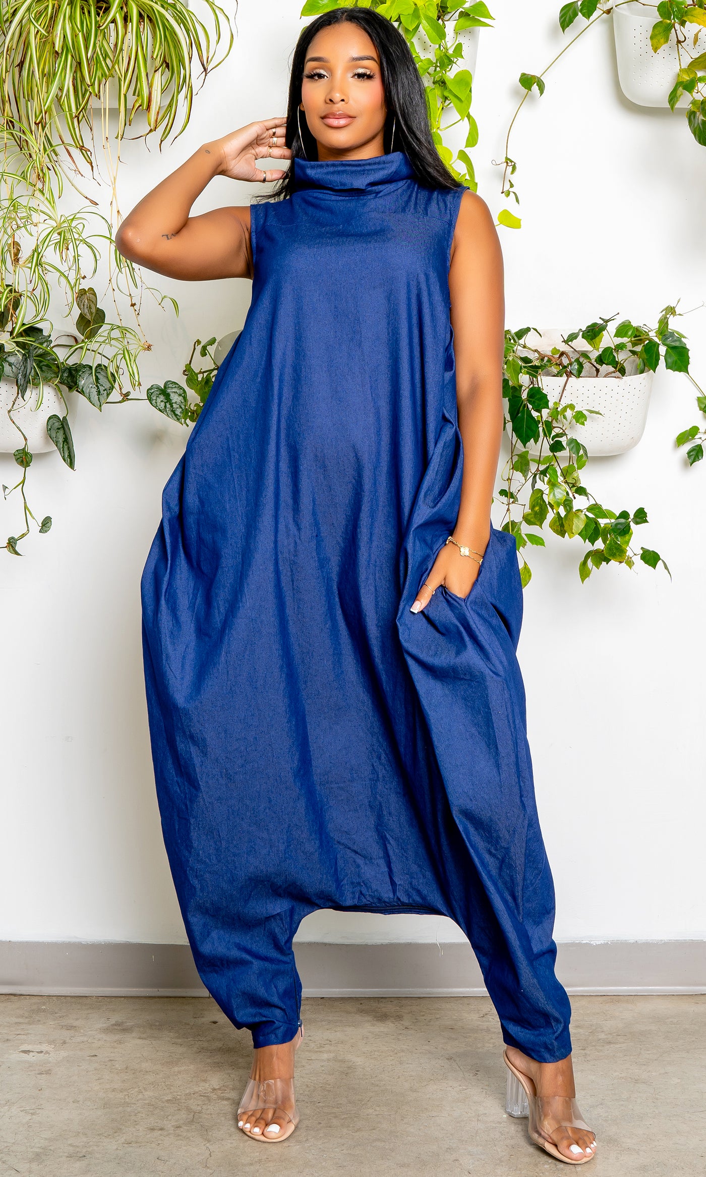 Turtle Neck Harem Jumpsuit - Blue Denim PREORDER Ships Early September - Cutely Covered