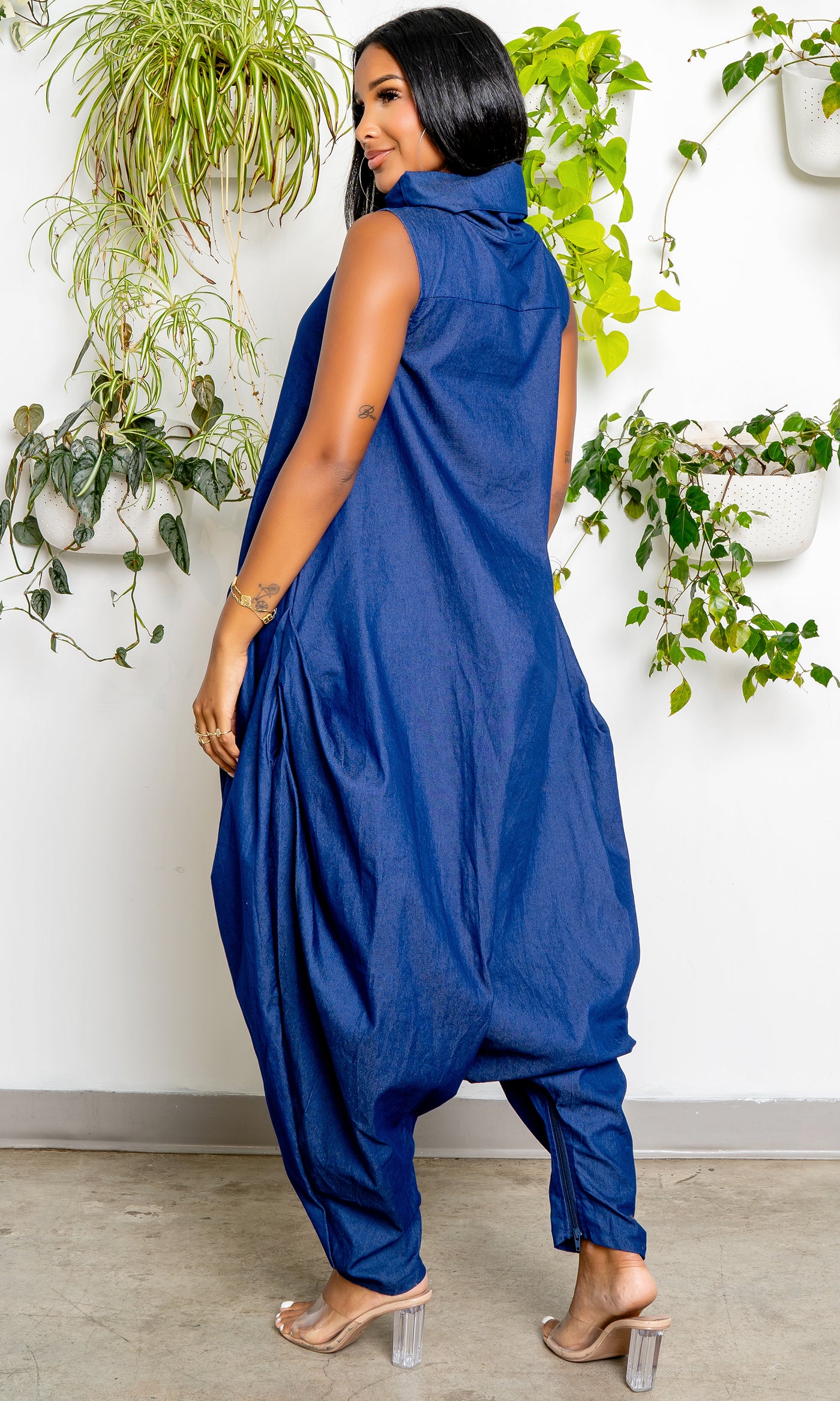 Turtle Neck Harem Jumpsuit - Blue Denim PREORDER Ships Early September - Cutely Covered