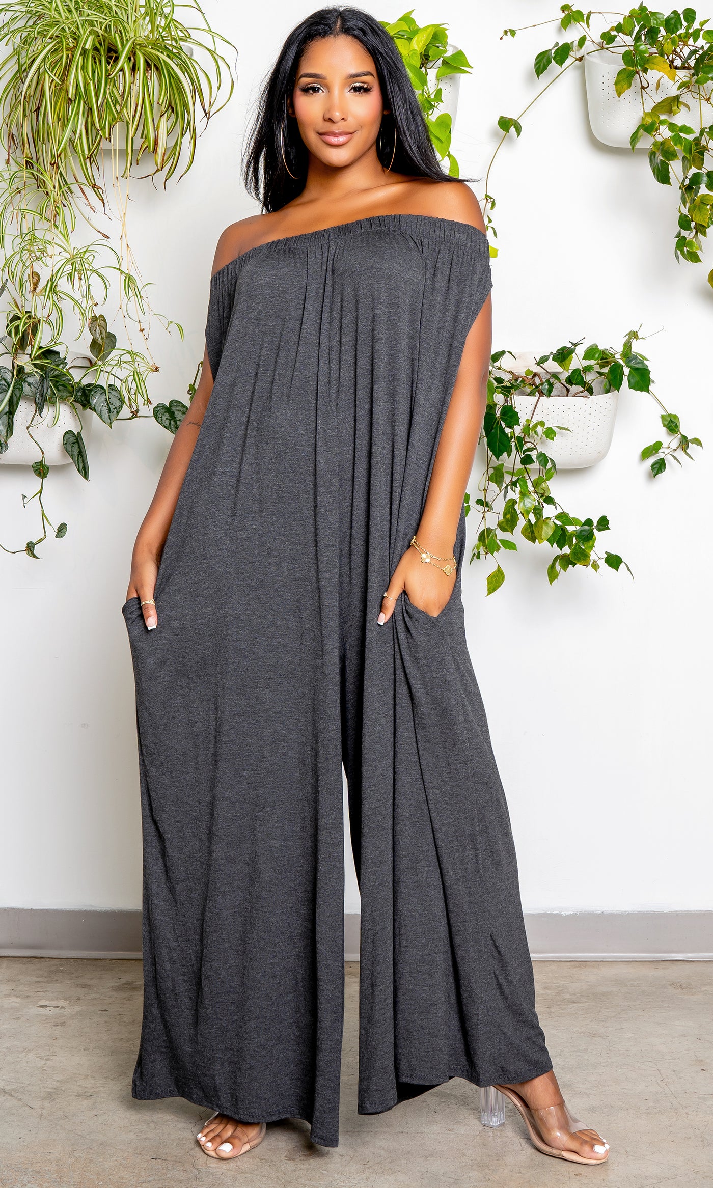 Off the Shoulder Harem Jumpsuit - Grey - Cutely Covered