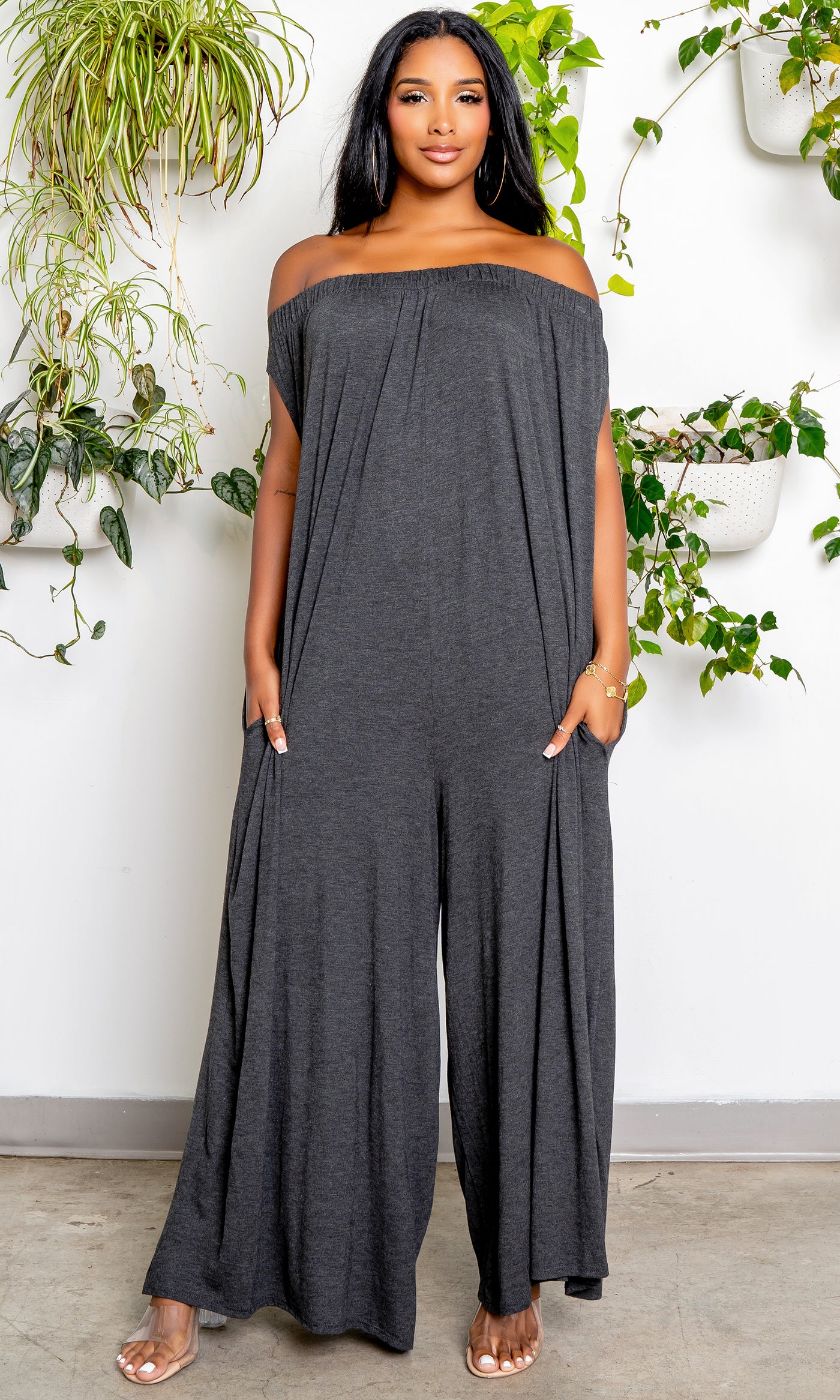 Off the Shoulder Harem Jumpsuit - Grey - Cutely Covered