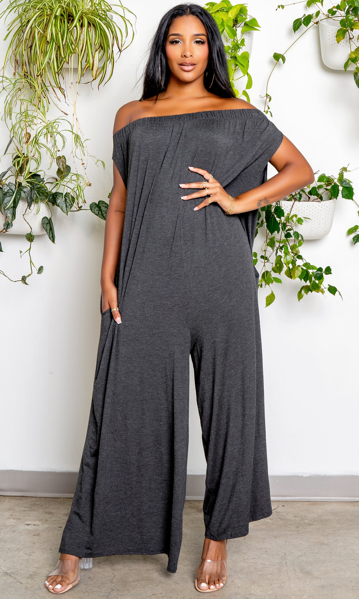 Off the Shoulder Harem Jumpsuit - Grey - Cutely Covered